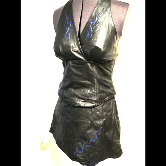 HD blue flames leather halter top and skort - Picture 2 of 15